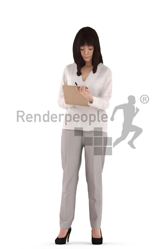 3d people casual, asian 3d woman standing writing on a clipboard