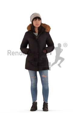 3d people outdoor, asian 3d woman standing with her hands in the pockets