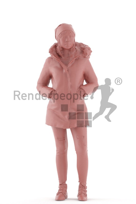 3d people outdoor, asian 3d woman standing with her hands in the pockets
