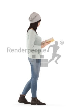 3d people casual, asian 3d woman standing reading a book