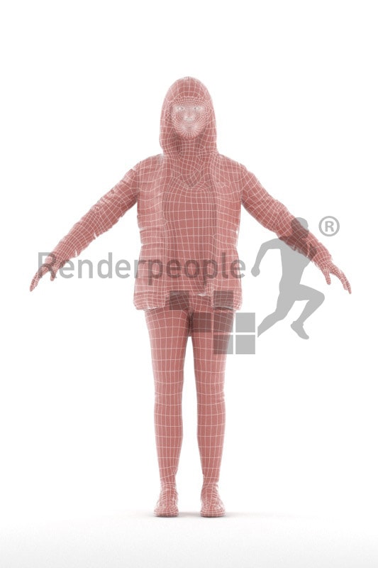3d people outdoor, rigged asian woman in A Pose