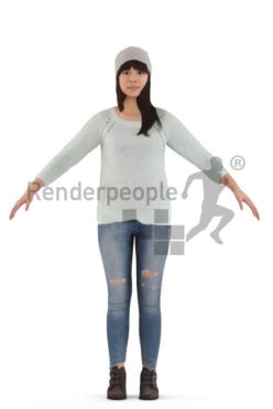 3d people casual, asian rigged woman in A Pose