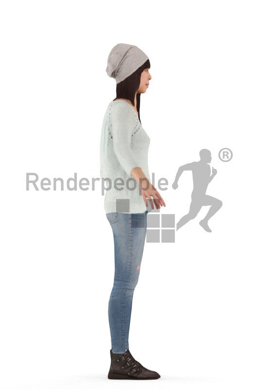 3d people casual, asian rigged woman in A Pose