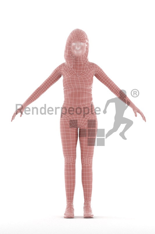 3d people sports, rigged asian woman in A Pose