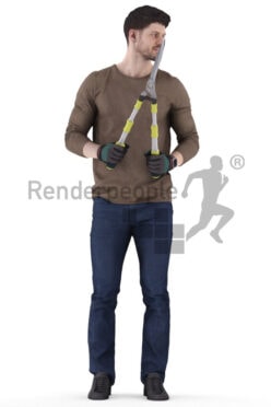 Photorealistic 3D People model by Renderpeople – european man in casual outfit, wearing gloves and using a hedge trimmer