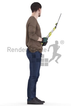 Photorealistic 3D People model by Renderpeople – european man in casual outfit, wearing gloves and using a hedge trimmer