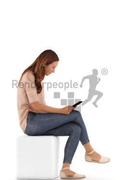 3d people casual, white 3d woman sitting with a tablet