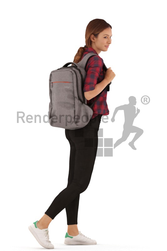 3d people casual, white 3d woman walking and carrying a backpack