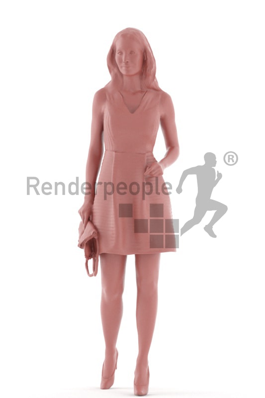 3d people event, white 3d woman walking holding a clutch