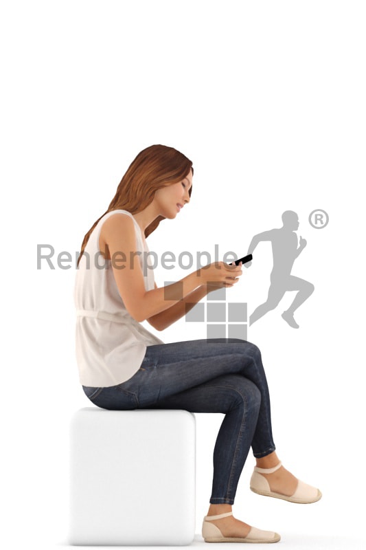 3d people casual, white 3d woman sitting with a tablet