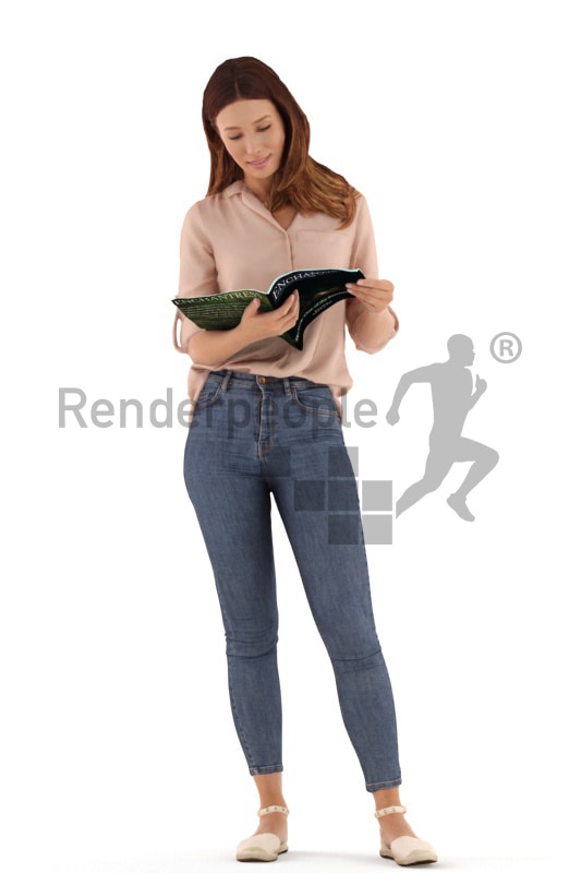 3d people casual, white 3d woman standing and reading a magazine