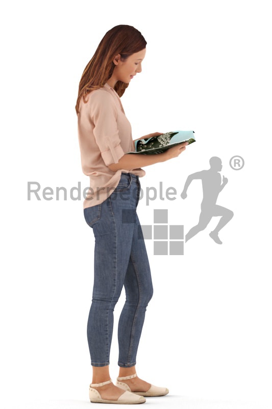 3d people casual, white 3d woman standing and reading a magazine