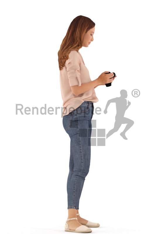 3d people casual, white 3d woman standing and drinking coffee