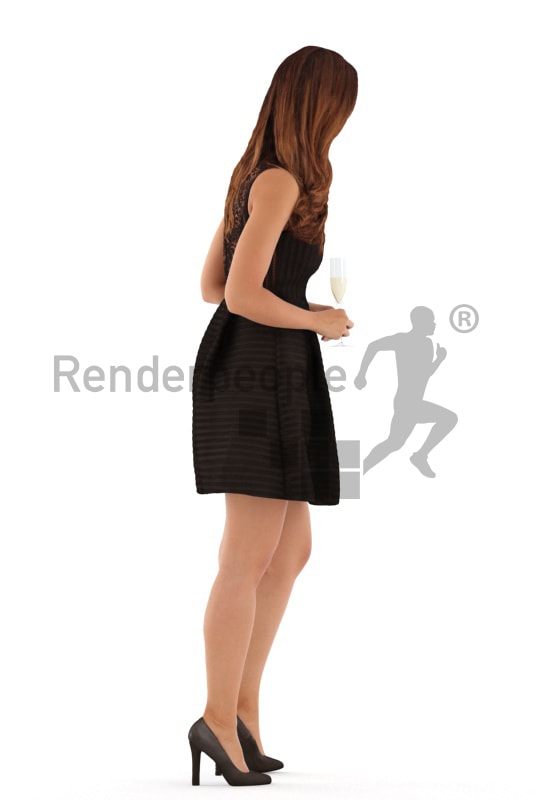 3d people event, white 3d woman standing and drinking champagne
