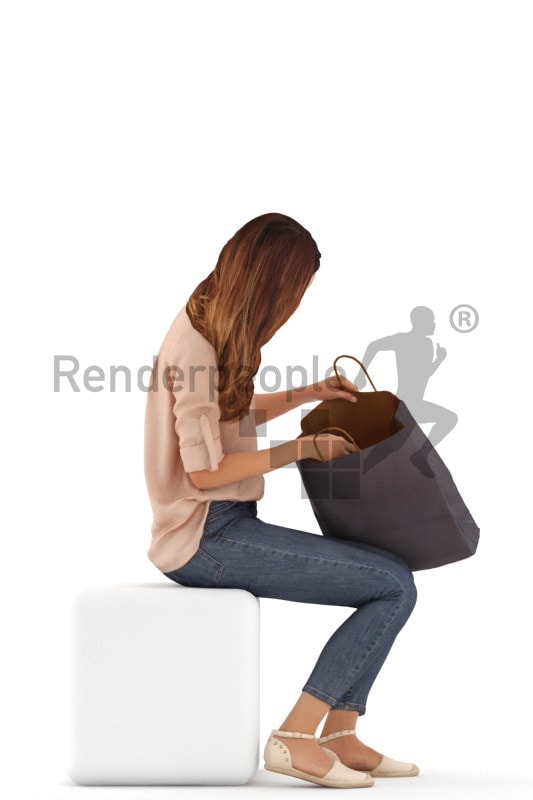 3d people casual, white 3d woman sitting with a shopping bag