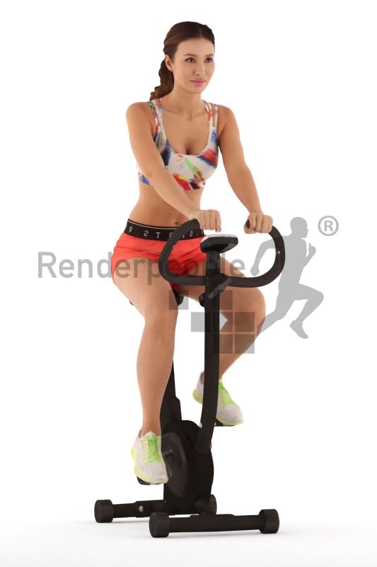 3d people sports, white 3d woman sitting on a ergometer
