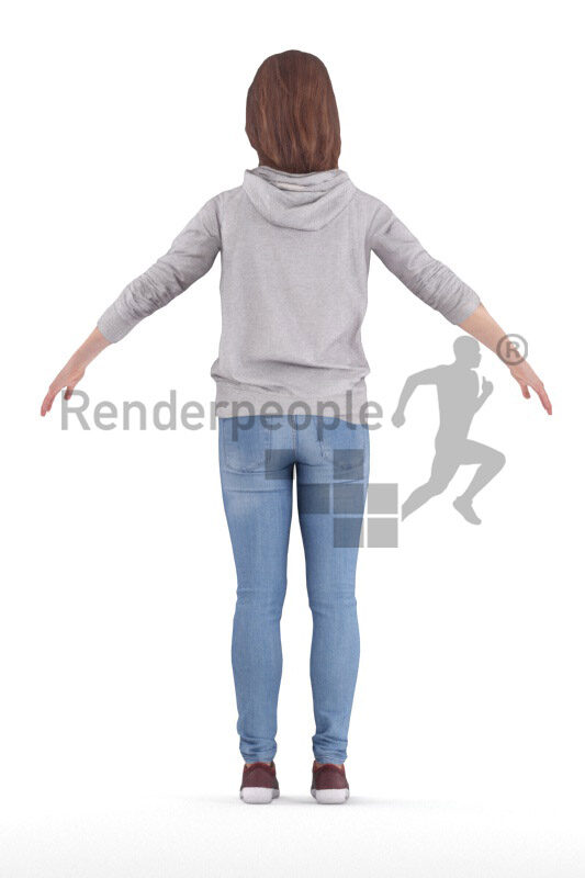 Rigged and retopologized 3D People model – european female, dressed in casual hoody
