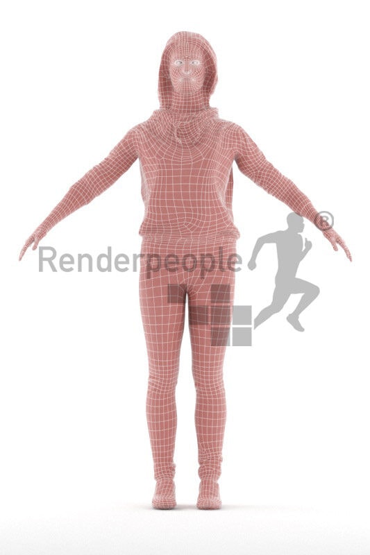 Rigged and retopologized 3D People model – european female, dressed in casual hoody