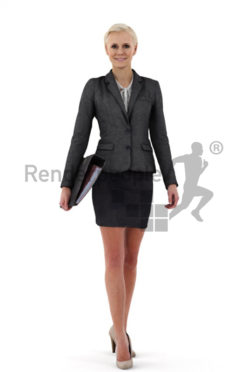 3d people business, white friendly looking 3d woman carrying a folder