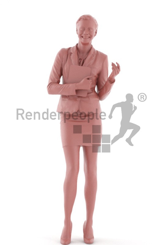 3d people business, white friendly looking 3d woman holding a tablet and talking