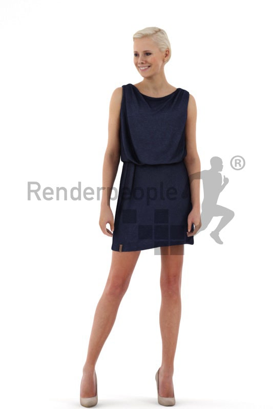 3d people event, white friendly looking 3d woman in a stylish blue dress