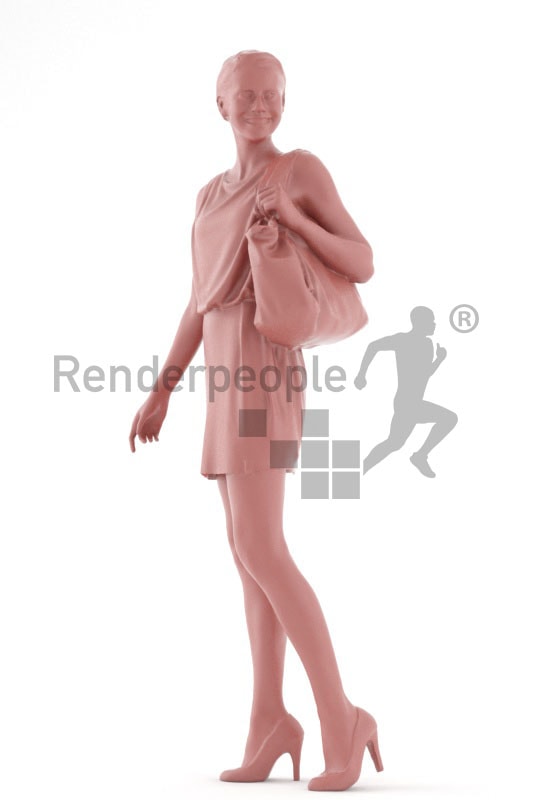 3d people shopping, white 3d woman carrying a purse and looking over her shoulder