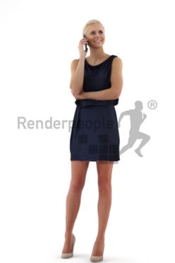 3d people event, white friendly looking 3d woman in a stylish blue dress talking on the phone