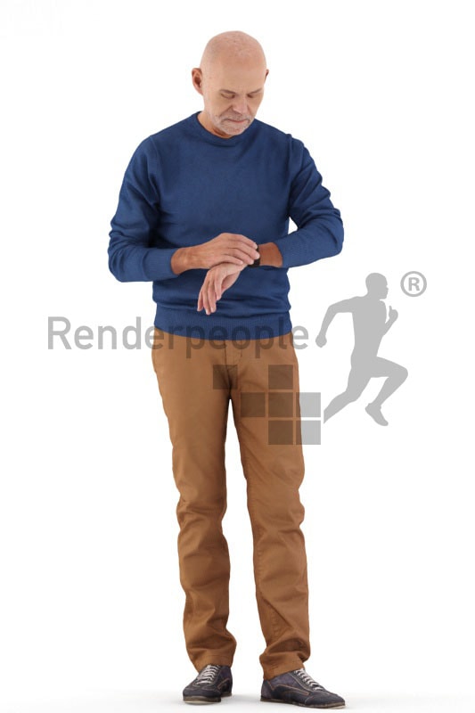 3d people casual, best ager man standing and looking at watch