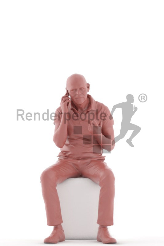 3d people casual, best ager man sitting and calling somebody