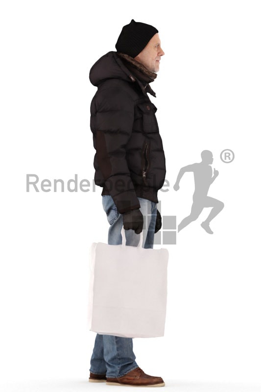 3d people casual outdoor, best ager man standing and holding bag