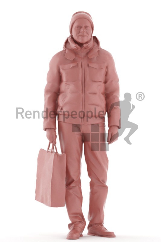 3d people casual outdoor, best ager man standing and holding bag