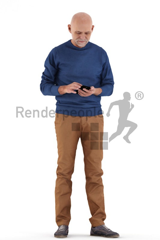 3d people casual, best ager man standing and looking at his phone