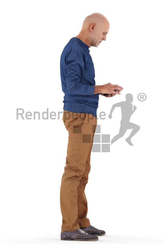 3d people casual, best ager man standing and looking at his phone