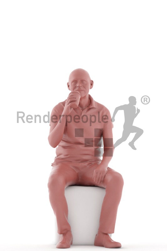 3d people casual, best ager man sitting and holding a cup