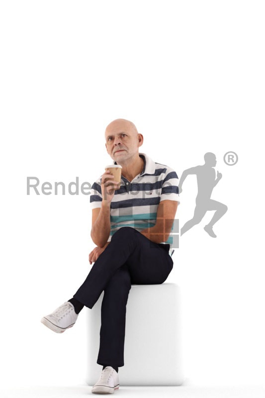3d people casual, best ager man sitting and holding a cup