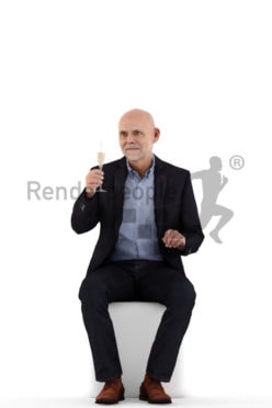 3d people business, best ager man sitting and holding glass
