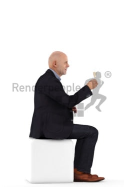 3d people business, best ager man sitting and holding glass