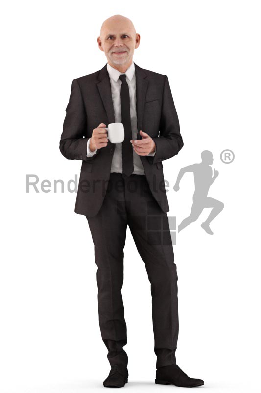 3d people business, best ager man standing and holding cup