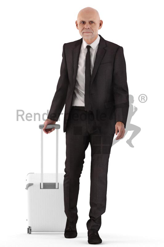 3d people business, best ager man walking and carrying suitcase
