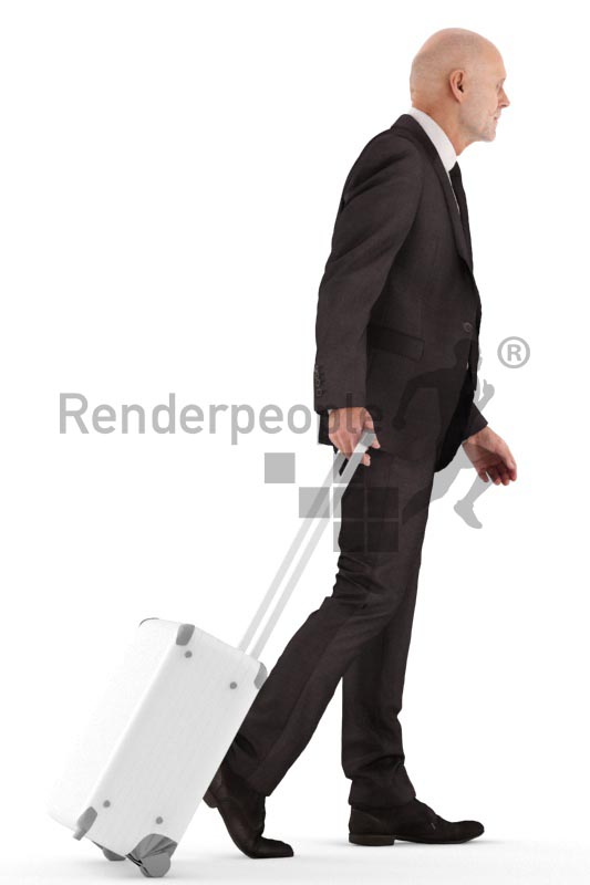 3d people business, best ager man walking and carrying suitcase
