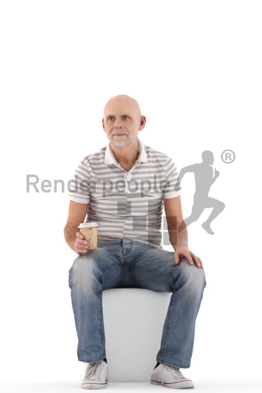 3d people casual, best ager man sitting and holding a cup of coffee