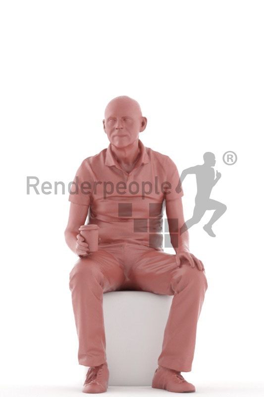 3d people casual, best ager man sitting and holding a cup of coffee