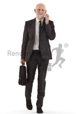 3d people business, best ager man walking,carrying a briefcase while calling someone