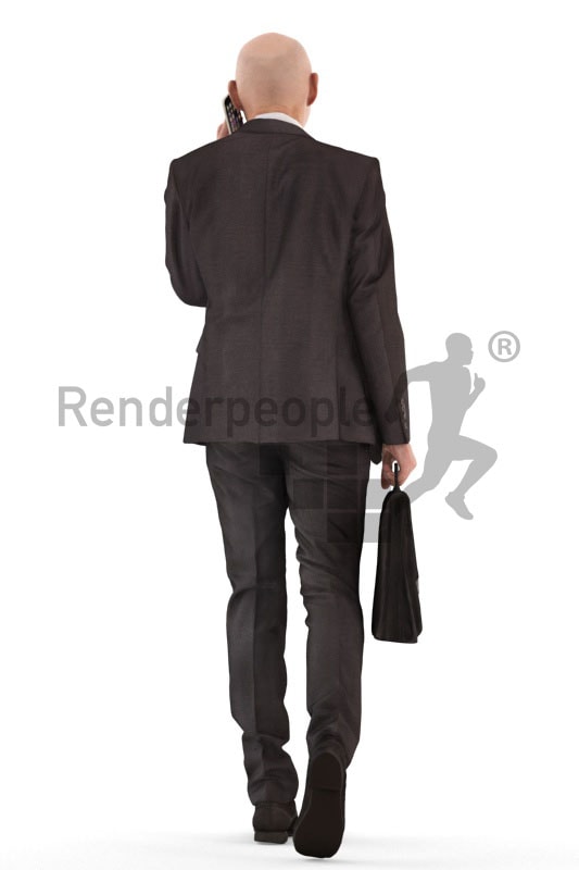3d people business, best ager man walking,carrying a briefcase while calling someone