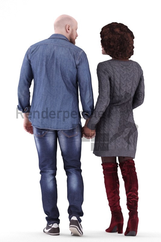 3d people couple and groups, white black 3d human walking
