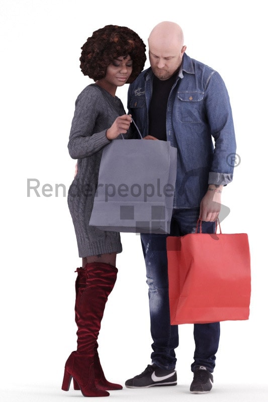 3d people couple and groups, white black 3d human shopping with bags