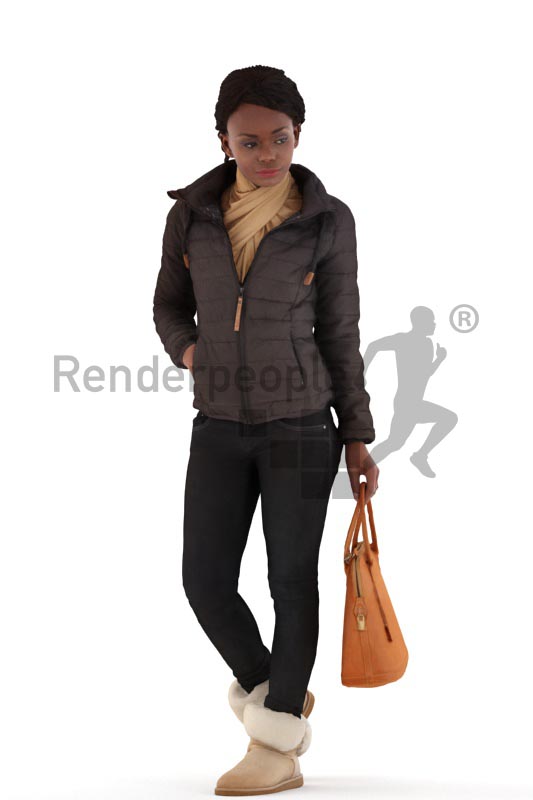 3d people outdoor, black 3d woman walking and carrying a bag