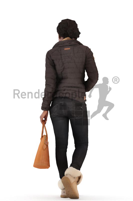3d people outdoor, black 3d woman walking and carrying a bag