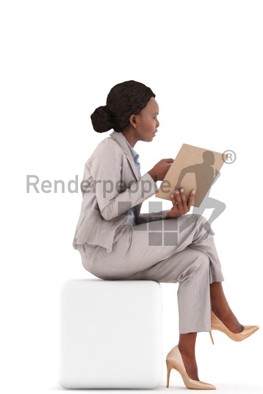 3d people business, black 3d woman sitting and showing a document