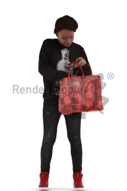 3d people casual, black 3d woman standing and searchin in his bag